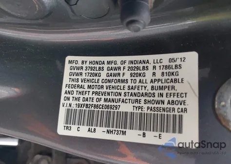 2012 Honda Civic Ex from USA, damaged, VIN 19XFB2F86CE069297